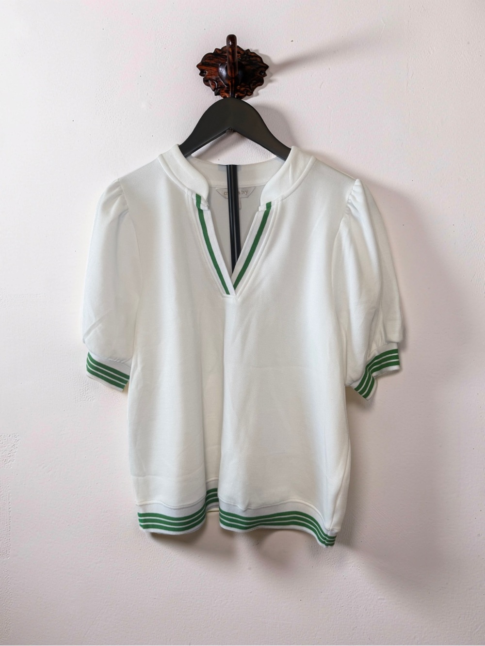 crown & ivy White V-Neck Pullover with Green Stripe Trim Never worn.